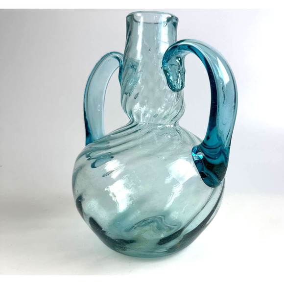 Vintage Hand Blown Avalos Tornillo Mexico Blue Glass Decanter Pitcher W/ Handles - Picture 2 of 11